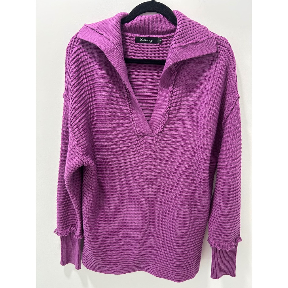 Lillusory Womens Purple Ribbed Knit Oversized V-Neck Sweater Fringe Trim Small